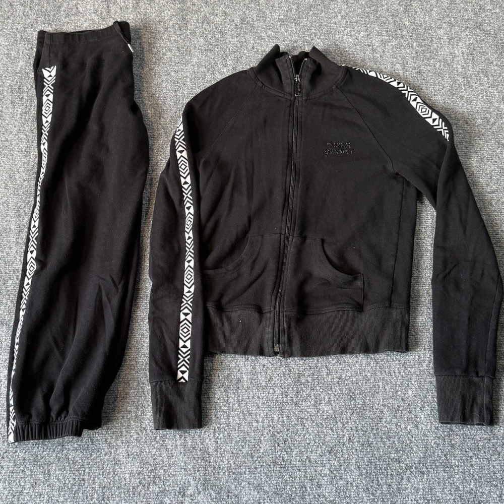 Bebe Sport Tracksuit Set‎ Jacket & Capri Pants Black Geometric Athletic
